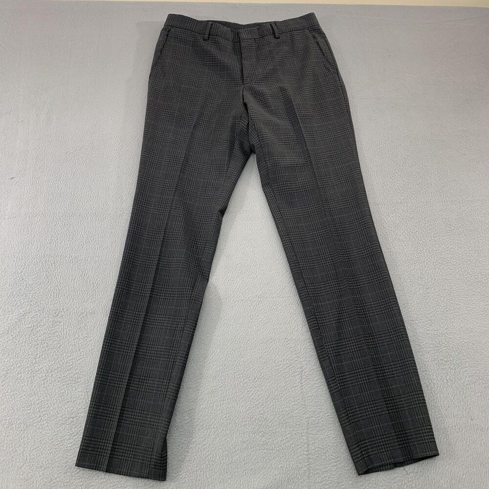 Hugo Boss Pants Mens 32x33 Gray Check Slim Fit Wool Blend Dress Trousers Stretch